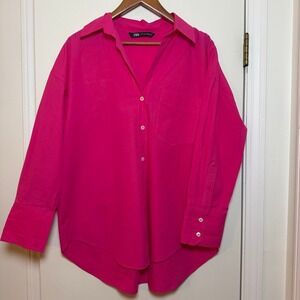 ZARA Oversized Button Up Shirt Hot Pink Long Sleeve Collared Pocket Cotton